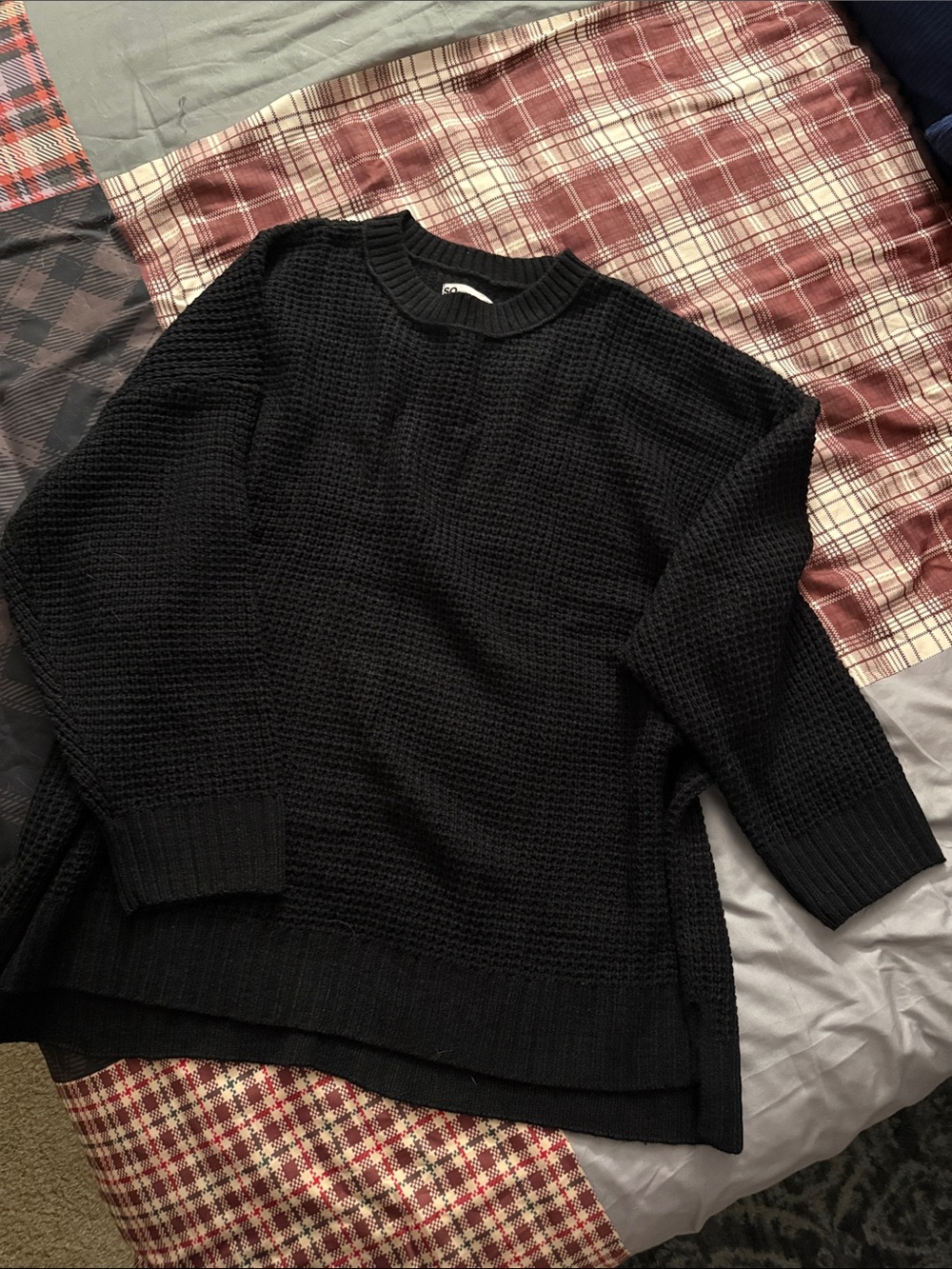 SO Black Waffle Knit Crewneck Sweater